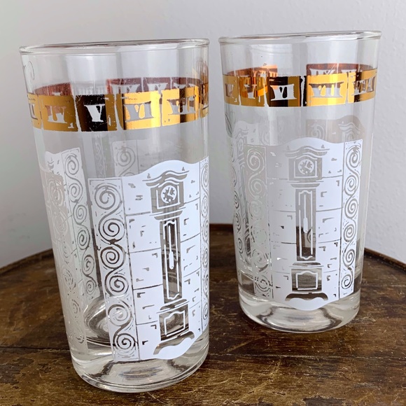 2 VTG MCM HIGHBALL TUMBLER GLASSES~Gold & White Roman Numerals Grandfather Clock - Picture 1 of 4